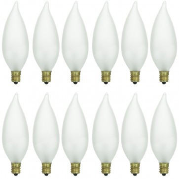 Sunlite 40026-SU 25CFF/32/12PK CA10 Flame Tip 25 Watts 120 Volts Dimmable Frost Finish Candelabra Screw (E12) Chandelier Incandescent Bulbs Warm White 2600K