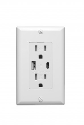 Sunlite 08154-SU RECEPTACLE/1-USB/1-TYPE-C/4.8A/WH 125 Volts Residential Electrical Style Receptacles Switches