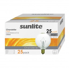 Sunlite 40153-SU 25G16.5/CL/12PK G16.5 Globe 25 Watts 120 Volts Dimmable Clear Finish Candelabra Screw (E12) Decorative Incandescent Bulbs Warm White 2600K