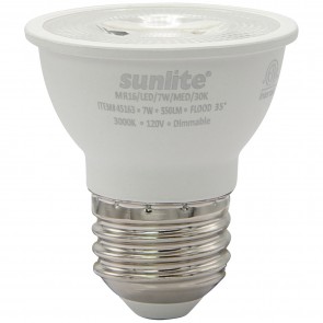 Sunlite 45163-SU MR16/LED/7W/MED/D/30K/6PK MR16 Reflector 7 Watts 60 Equivalent Wattage 120 Volts Dimmable Plastic & Aluminum Material Medium Screw (E26) MR16 Reflector Lamps Warm White 3000K