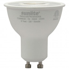 Sunlite 80529-SU PAR16/LED/7W/GU10/65K PAR16 Reflector 7 Watts 50 Equivalent Wattage 120 Volts Dimmable Aluminum & Plastic Material Twist & Lock (GU10) PAR16 Reflector Lamps Daylight 6500K